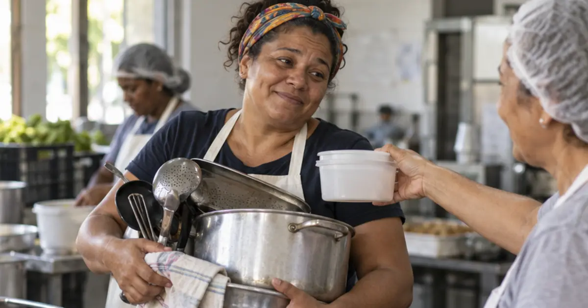 Mulher segura vários utensílios enquanto recebe outra tarefa em cozinha comunitária