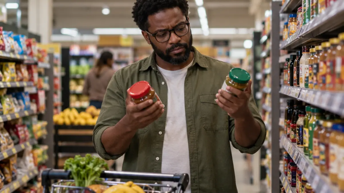 Homem compara dois produtos numa prateleira de mercado no fim do dia