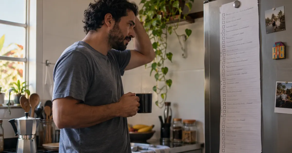 Homem observa uma longa lista de tarefas na cozinha enquanto segura uma caneca