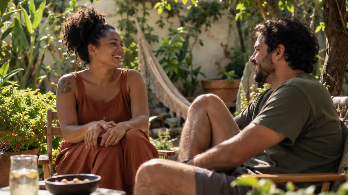 Duas pessoas conversam sem dispositivos em um quintal arborizado
