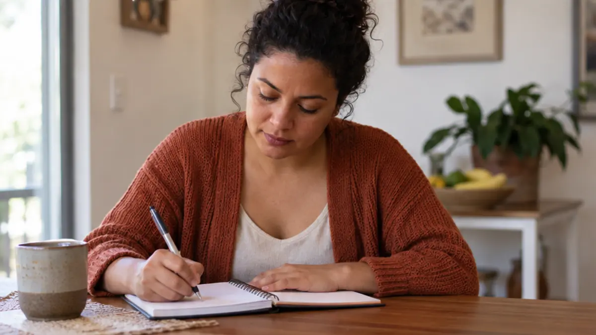 Mulher escreve em um caderno na mesa de casa