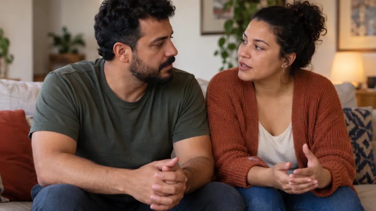 Casal conversa sentado no sofá