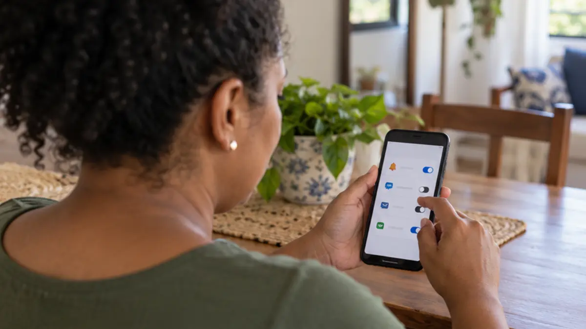 Mulher ajusta opções de aplicativos no celular