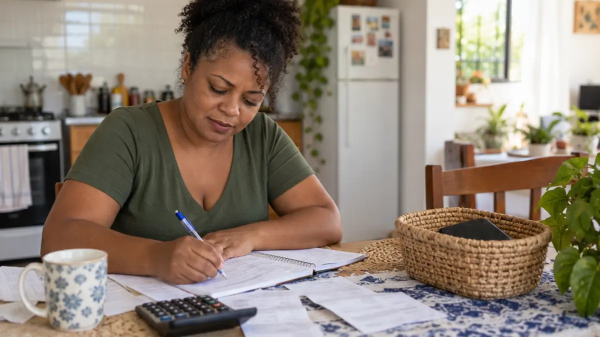 Mulher planeja despesas com caderno e calculadora