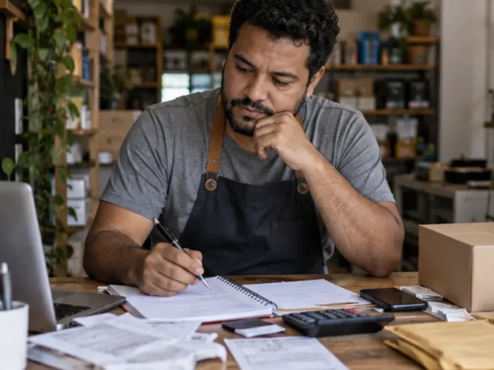 Comerciante observa contas, pedidos e agenda sobre a mesa