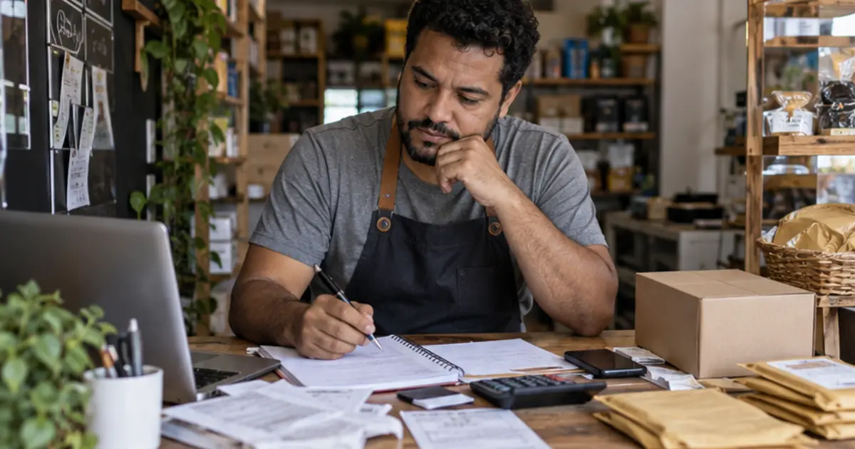 Comerciante observa contas, pedidos e agenda sobre a mesa