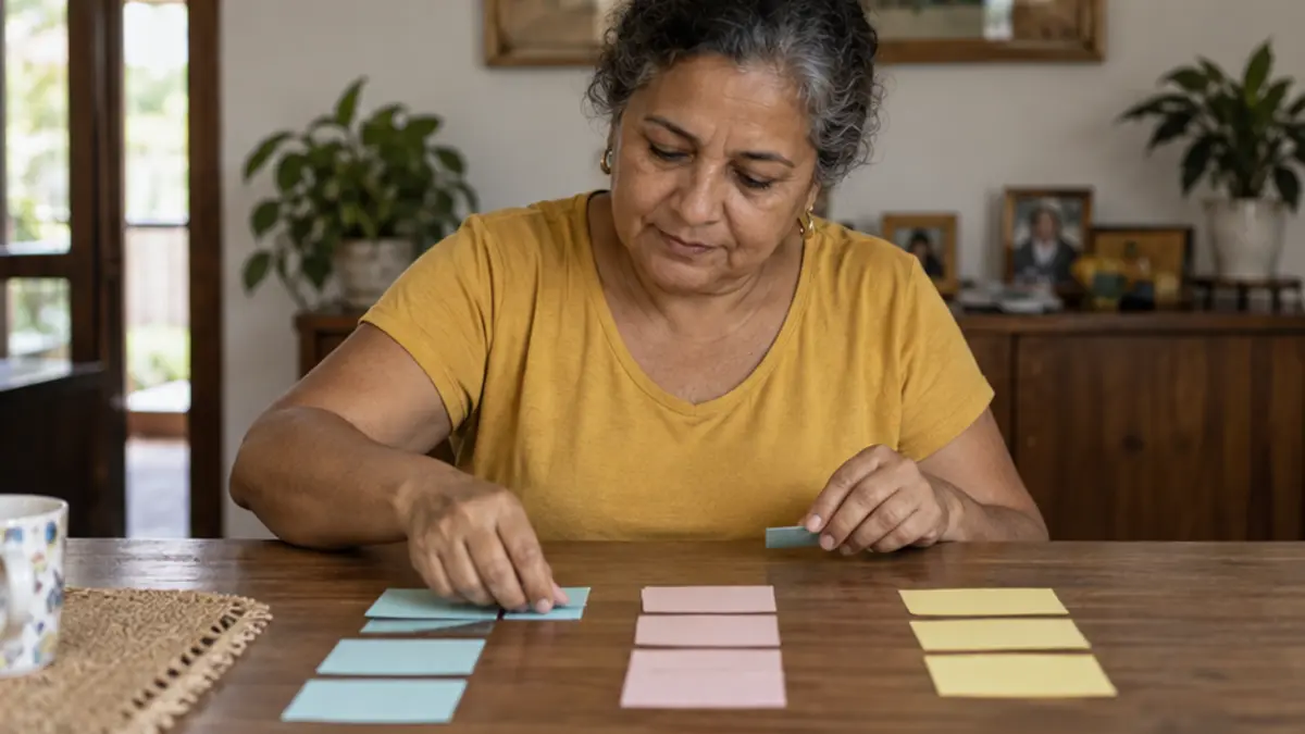 Mulher organiza cartões coloridos sobre uma mesa