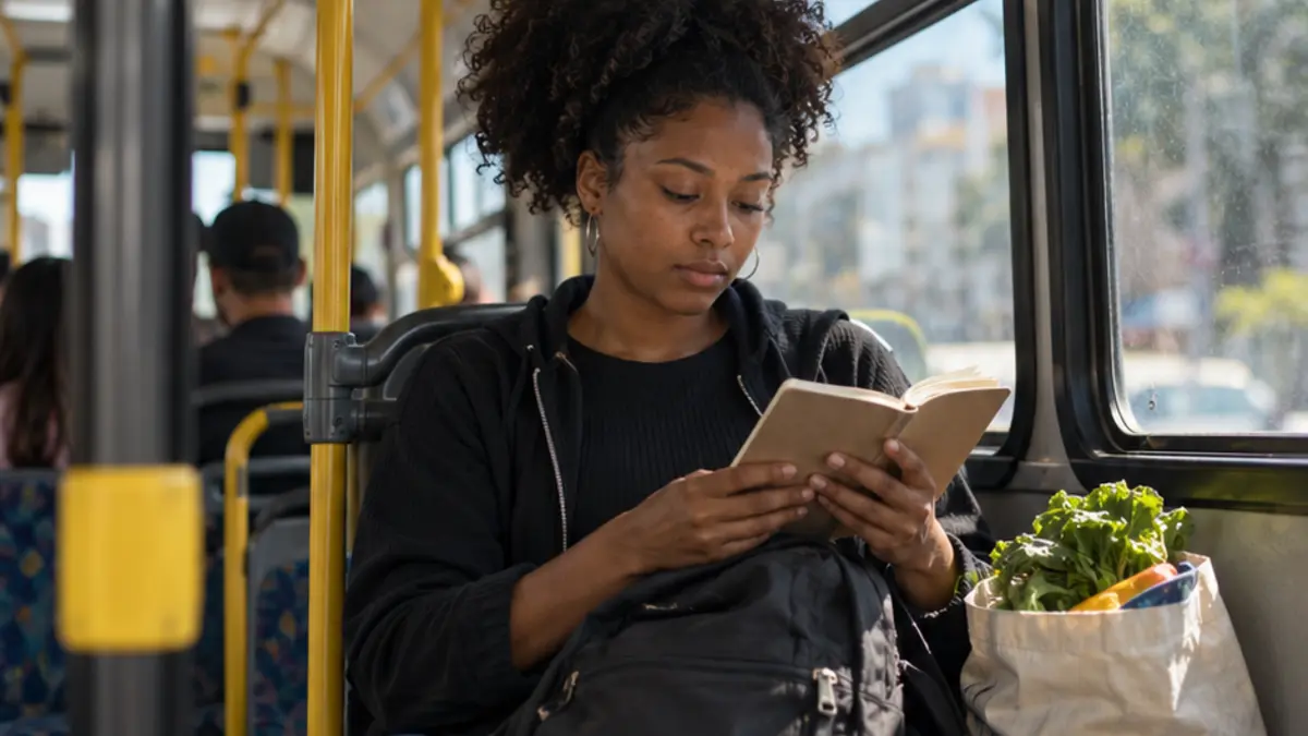 Mulher consulta o celular durante uma viagem de ônibus