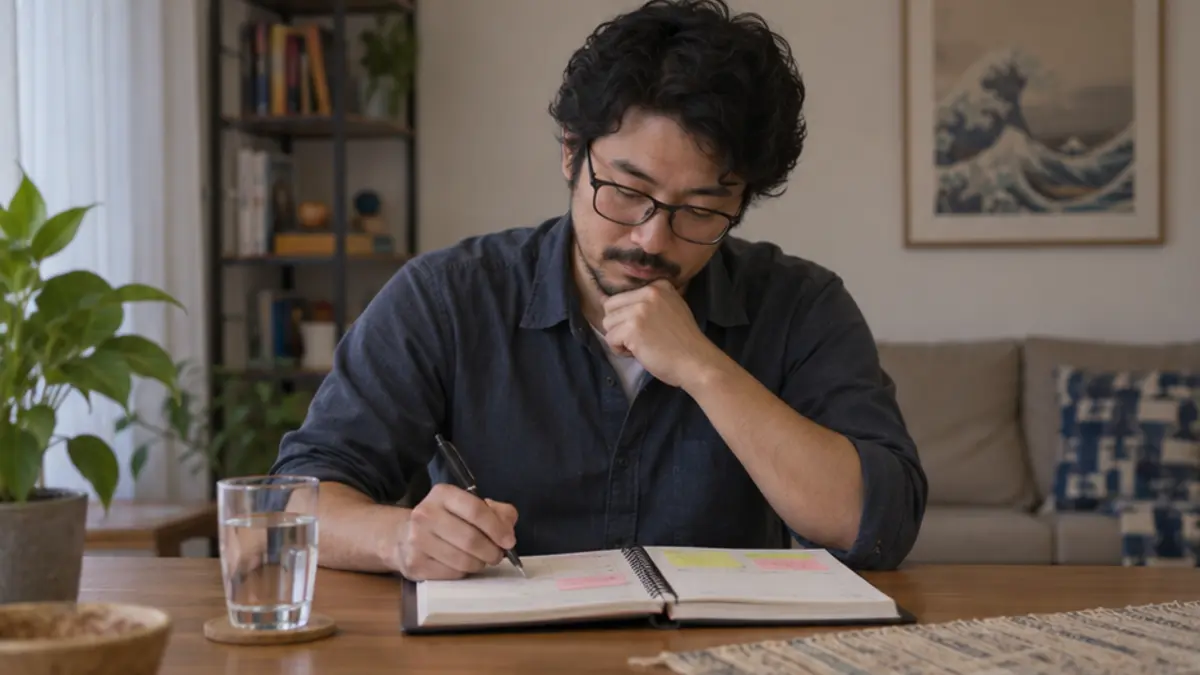 Homem registra limites em um caderno sobre a mesa