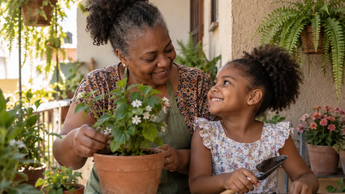Mulher cuida de uma planta ao lado de uma criança