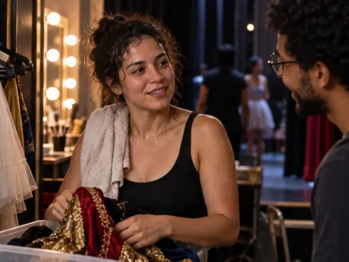 Artista conversa com admirador enquanto guarda figurinos nos bastidores