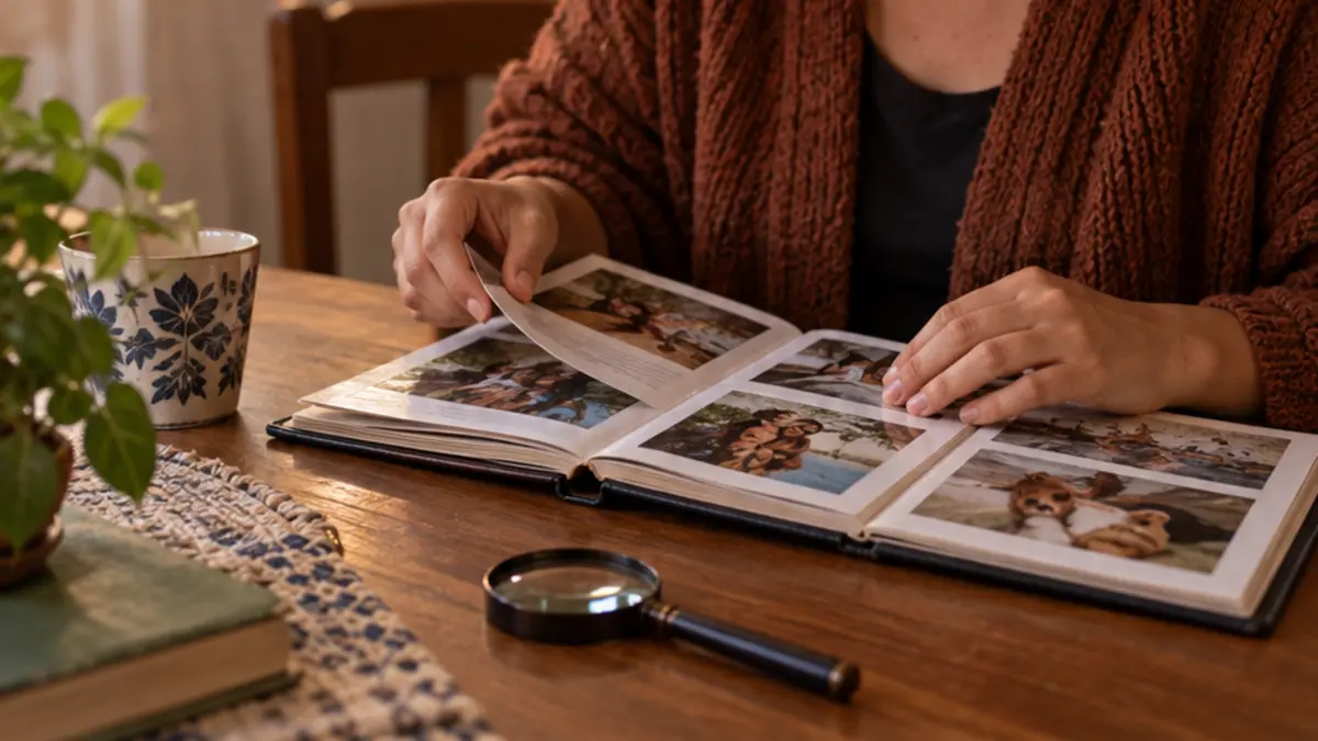Mãos folheiam um álbum de fotografias com uma lupa