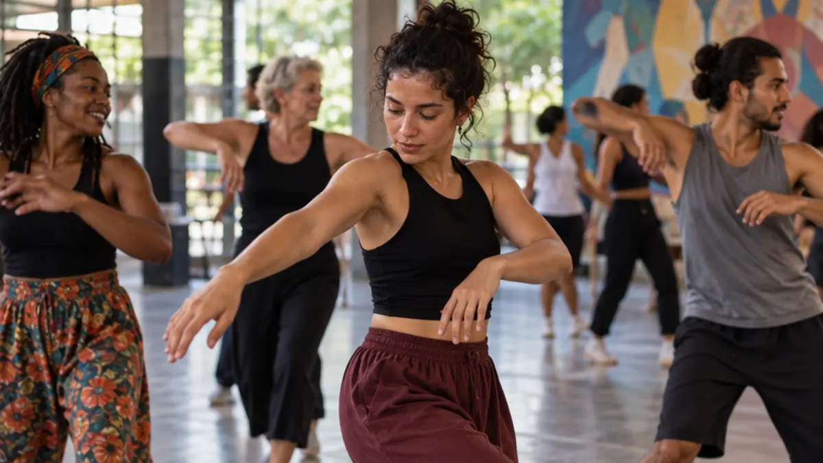 Pessoas de diferentes idades participam de uma aula de dança