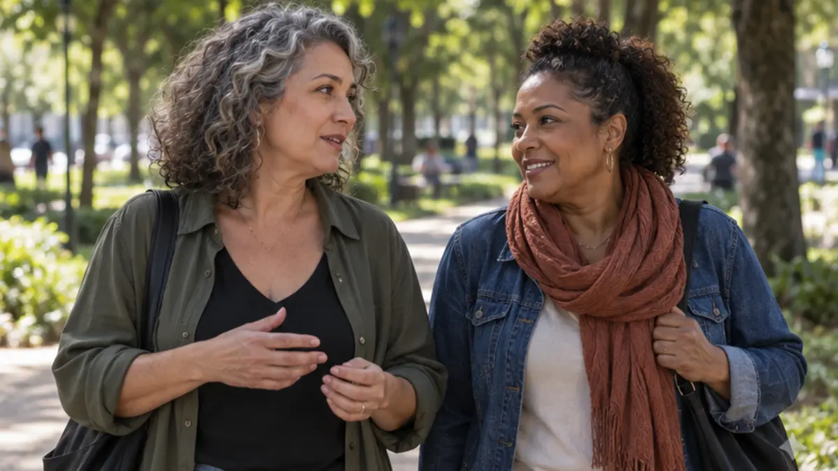 Duas mulheres conversam enquanto caminham em um parque