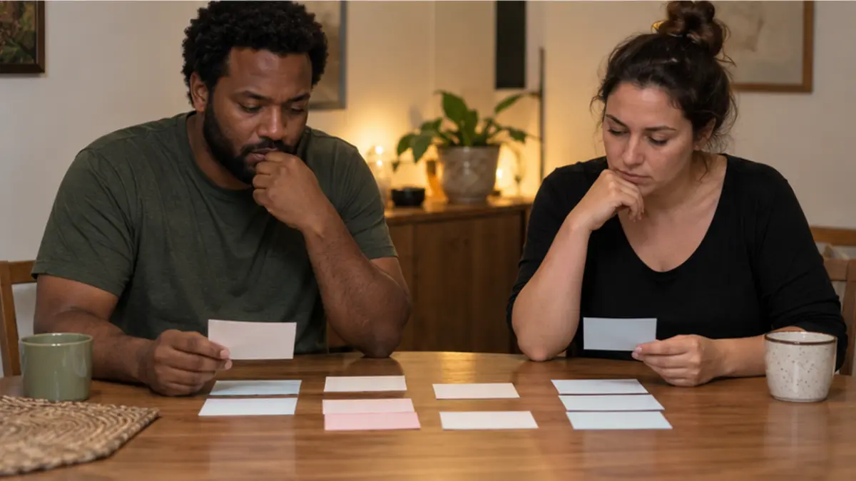 Casal organiza cartões sobre a mesa durante uma conversa