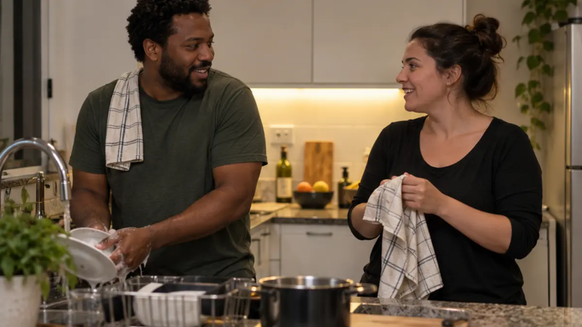Casal conversa enquanto prepara uma refeição