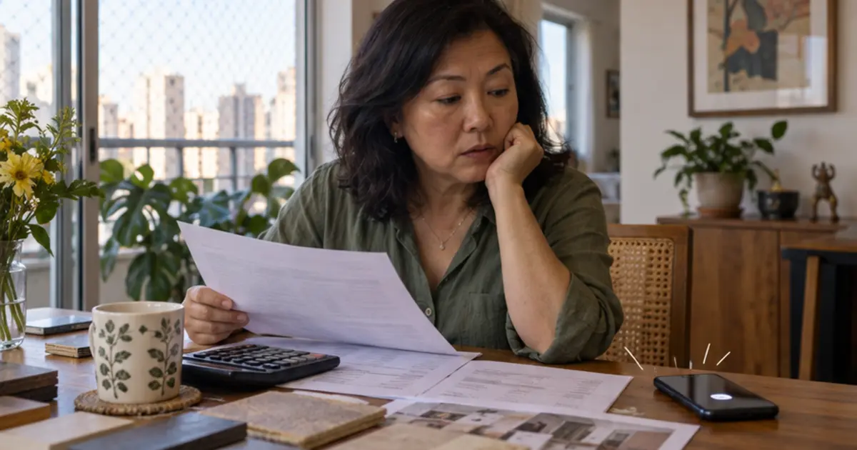 Mulher olha uma folha à mesa com calculadora, documentos e celular