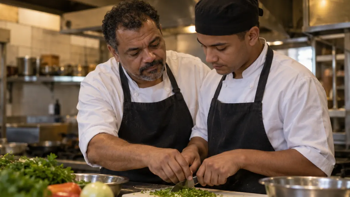 Cozinheiro orienta colega durante preparo e diferencia erro corrigível de incapacidade