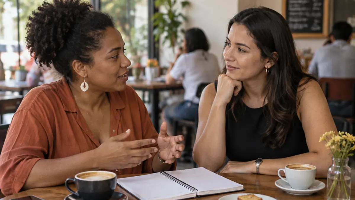 Duas mulheres usam um caderno para comparar critérios de uma decisão importante