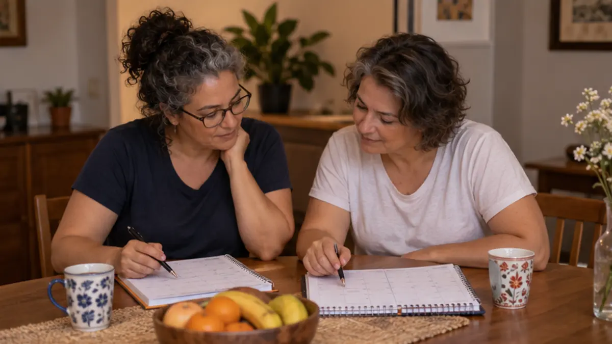 Duas mulheres planejam momentos de reconexão e divisão de tarefas em um caderno