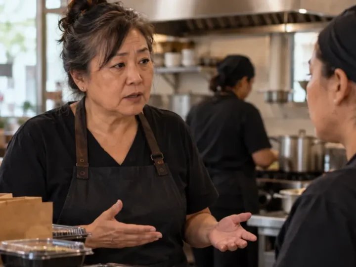 Mulher de uniforme preto conversa com colega em uma cozinha profissional