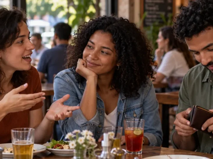 Homem abre a carteira à mesa enquanto duas mulheres conversam no restaurante