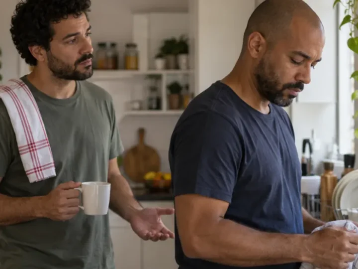 Dois homens permanecem na cozinha, um junto à porta e outro diante da pia