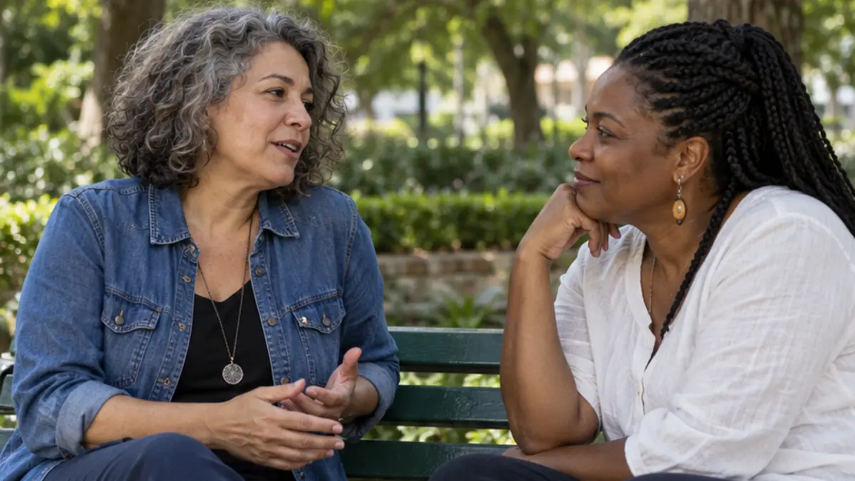 Duas mulheres conversam num banco de praça com postura de escuta