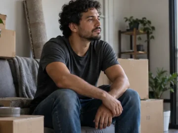 Homem sentado junto a caixas de mudança olha pela janela da sala