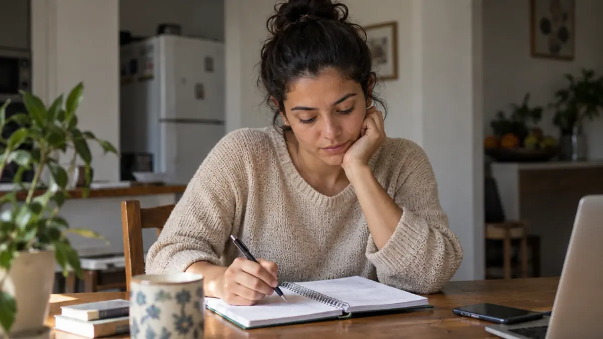 Mulher compara fatos e desconfortos de uma escolha recente em seu caderno