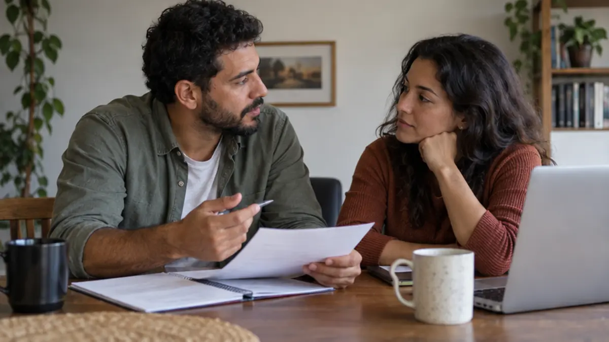 Casal revisa documentos para distinguir ajuste possível de erro central