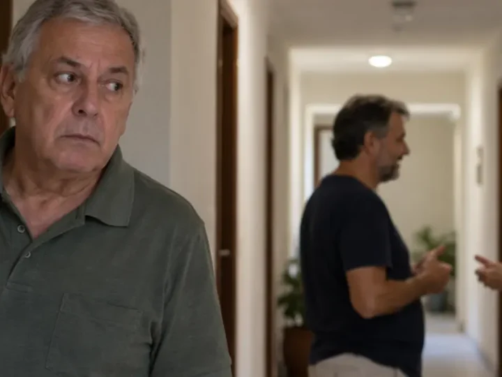 Homem de cabelos grisalhos observa duas pessoas conversando ao fundo de um corredor