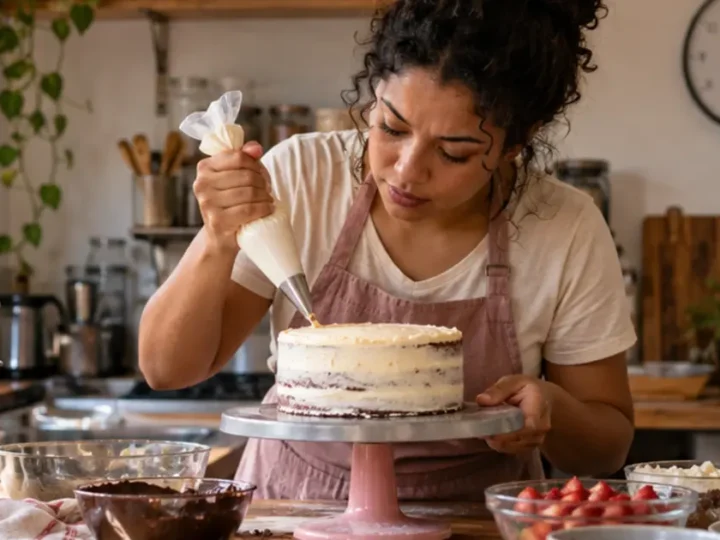 Confeiteira aplica cobertura num bolo ao lado de utensílios e ingredientes