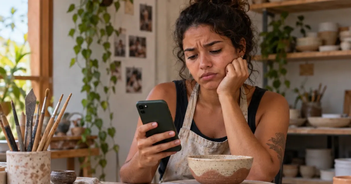 Mulher olha o celular com o rosto apoiado na mão diante de uma refeição