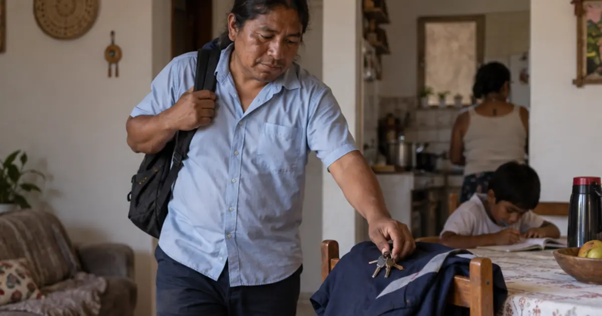 Homem de camisa azul segura uma mochila ao lado de uma mesa onde uma criança escreve