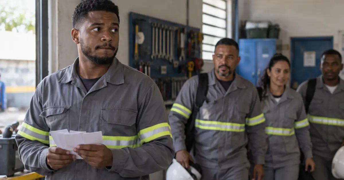 Trabalhador de uniforme cinza segura papéis diante de colegas em uma oficina