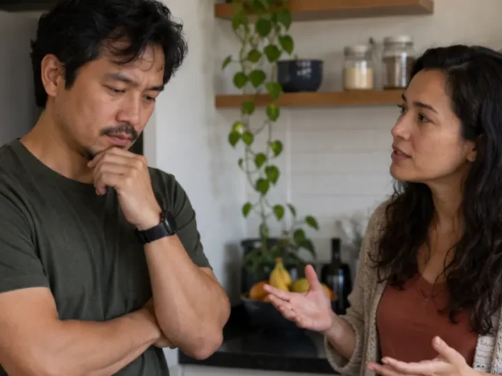 Mulher gesticula para um homem que mantém uma mão no queixo durante conversa na cozinha