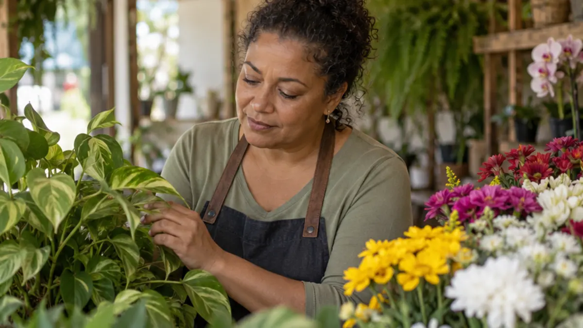 Mulher com avental toca as folhas de uma planta entre vasos e flores coloridas