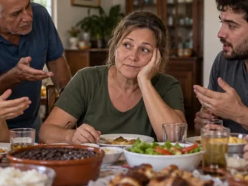 Mulher de camiseta verde está sentada à mesa de almoço entre familiares que gesticulam
