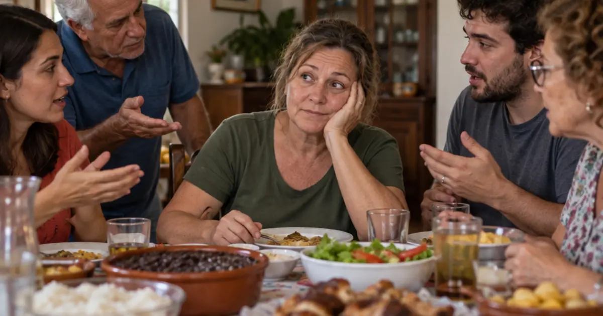 Mulher de camiseta verde está sentada à mesa de almoço entre familiares que gesticulam