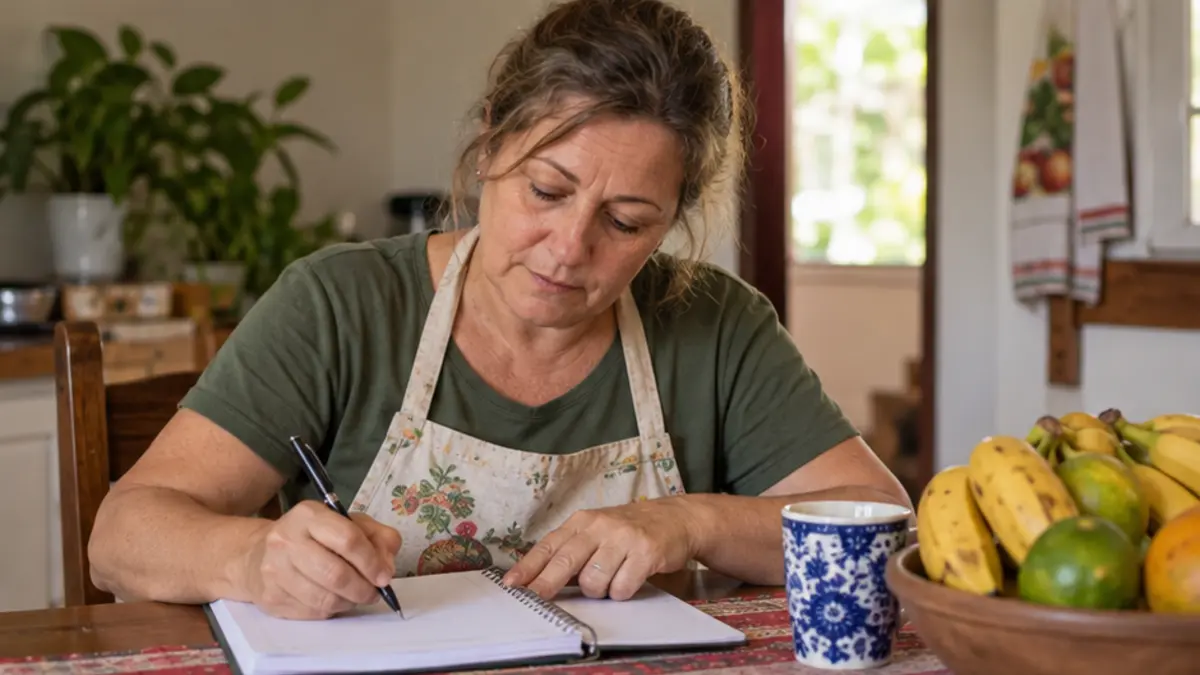 Mulher de avental floral escreve em um caderno junto a bananas e uma caneca azul