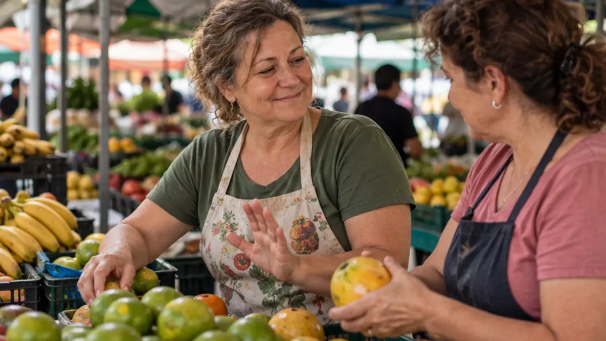 Duas mulheres de avental conversam numa banca de frutas; uma segura uma fruta amarela