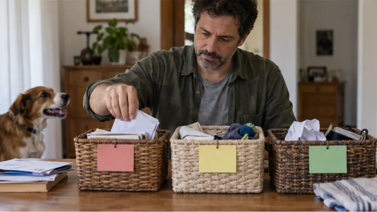 Homem distribui papéis em três cestos de vime com etiquetas coloridas