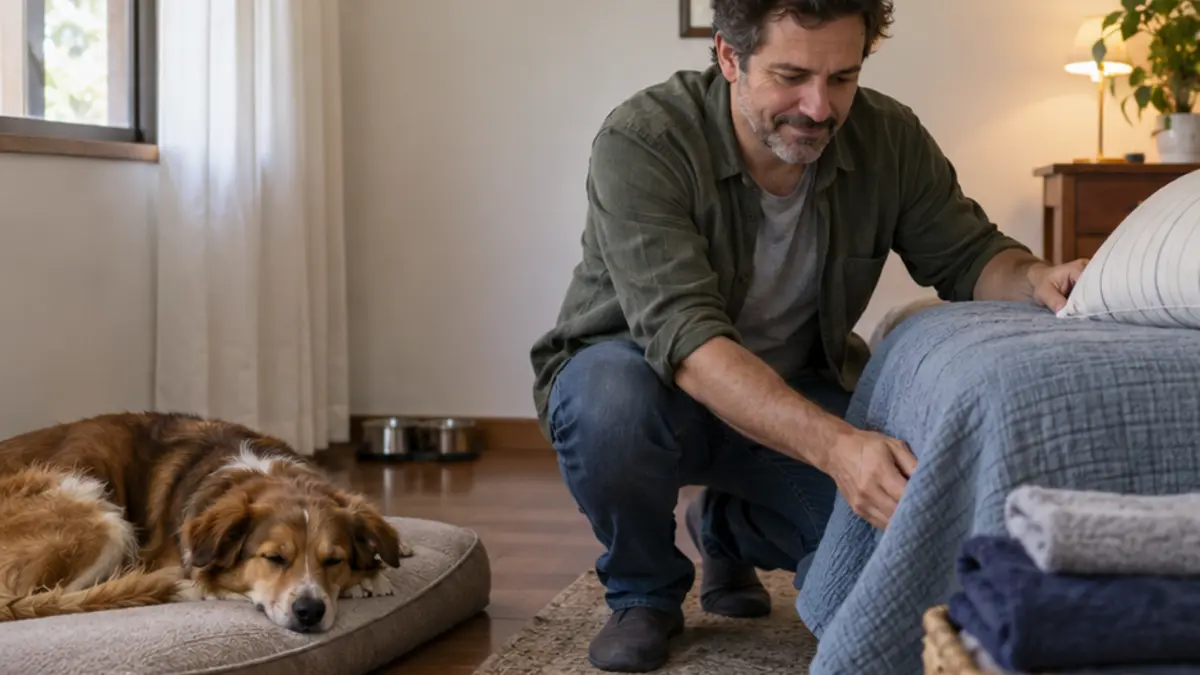 Homem ajoelhado alisa a colcha de uma cama enquanto um cachorro descansa ao lado