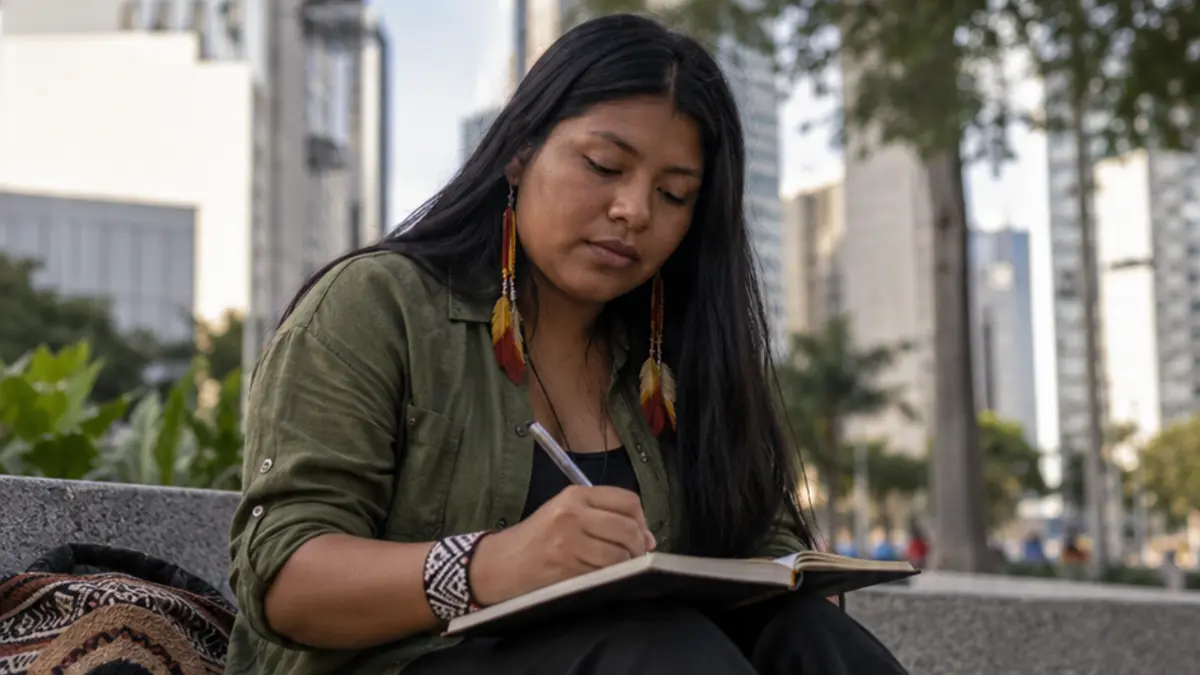Mulher escreve num caderno em espaço aberto com edifícios ao fundo