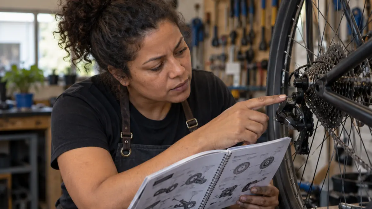 Mecânica aponta para o conjunto de marchas da bicicleta enquanto consulta um caderno ilustrado