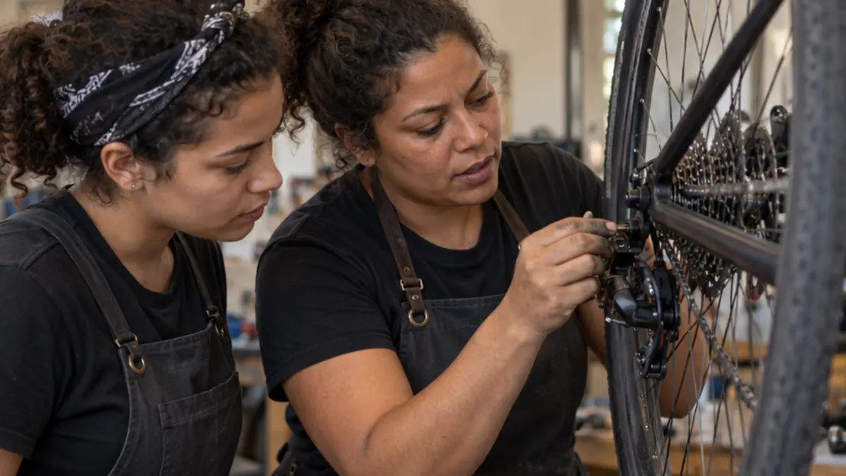 Duas mulheres de avental examinam juntas as marchas de uma bicicleta