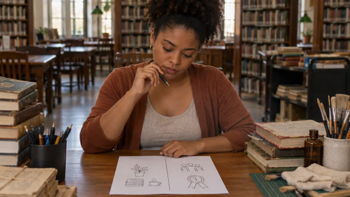 Jovem observa desenhos sobre uma mesa de biblioteca com livros empilhados ao lado
