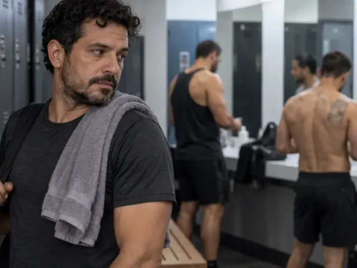 Homem observa outras pessoas no vestiário de uma academia