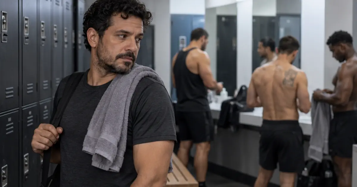 Homem observa outras pessoas no vestiário de uma academia